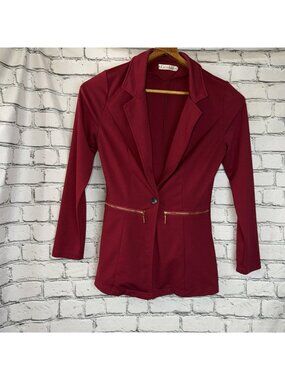 Genhoo Women's Long Sleeve Blazer Open Front 1 Button Work Office Blazer Red M